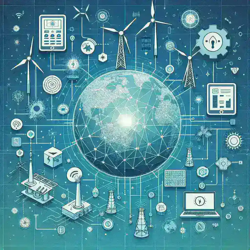 "Imagem ilustrativa de uma rede inteligente com painéis solares e turbinas eólicas, representando o conceito de energia virtual no setor energético português."