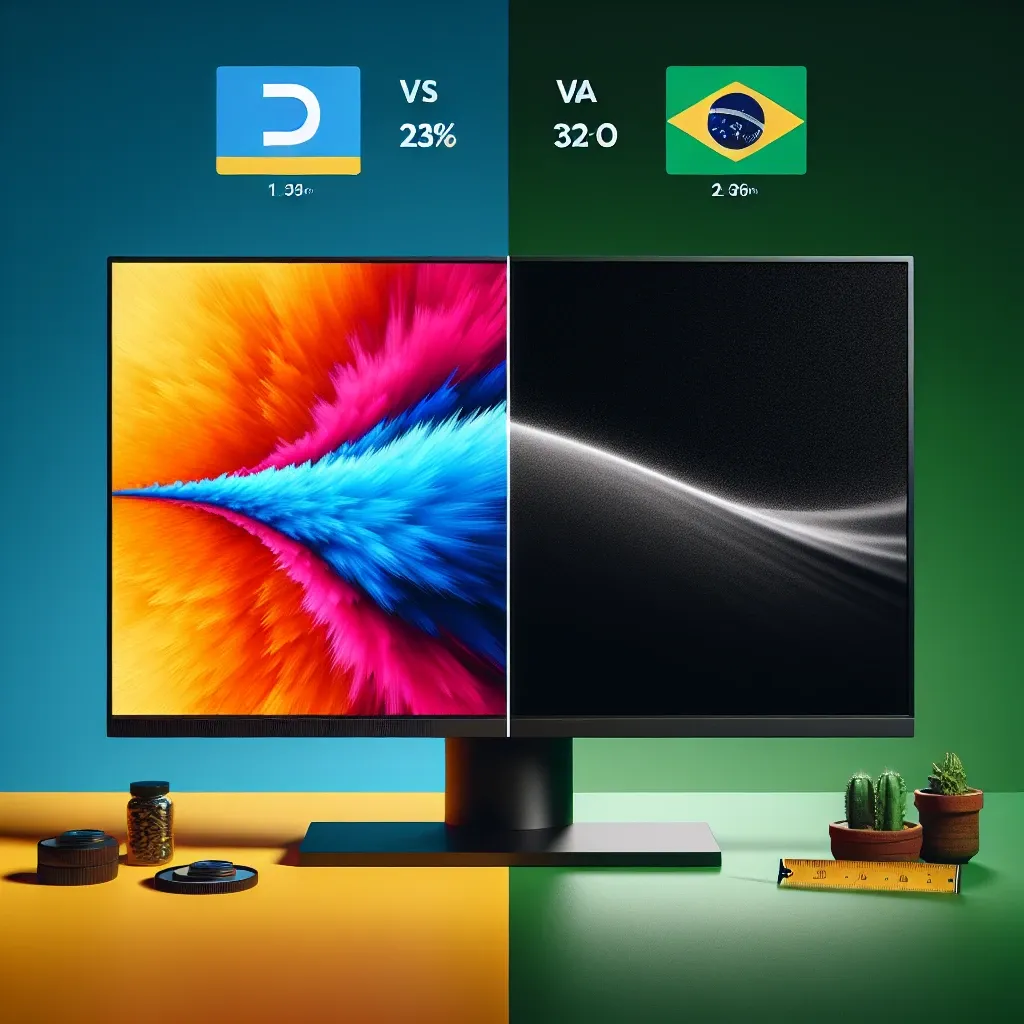 "Comparação de monitores com tecnologia IPS e VA: Gráfico ilustrando as principais diferenças de desempenho e características disponíveis no mercado brasileiro de monitores."