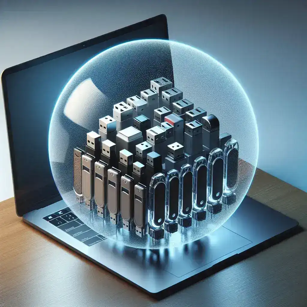 "Proteção de dispositivos USB externos: imagem ilustrativa de um bloqueio de segurança em um USB conectado a um computador, simbolizando a proteção de dados e prevenção de acessos não autorizados."